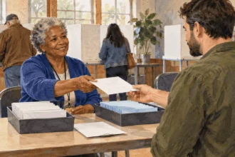 Painted illustration of election worker handing a voter a plain provisional-ballot envelope.
