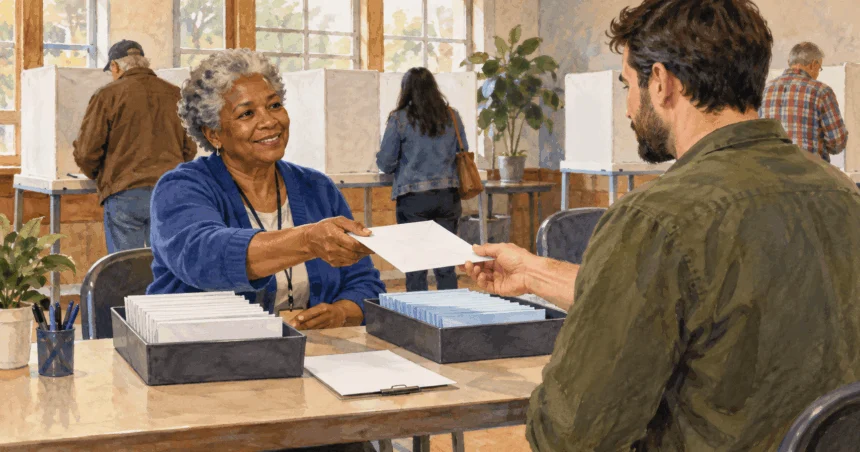Painted illustration of election worker handing a voter a plain provisional-ballot envelope.