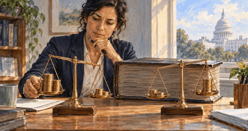 Conceptual painting of a budget analyst comparing deficit, surplus and accumulated debt.