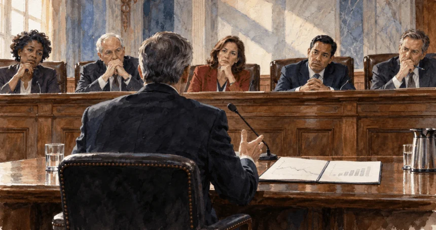 Conceptual painting of a central-bank official answering lawmakers at a hearing.