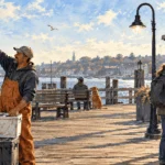 Conceptual painting of a fisherman, coffee vendor, customer and public streetlamp at a waterfront pier.
