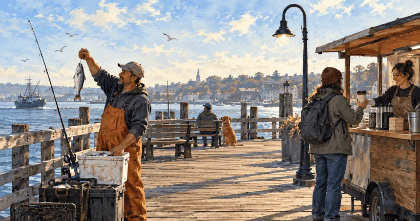 Conceptual painting of a fisherman, coffee vendor, customer and public streetlamp at a waterfront pier.