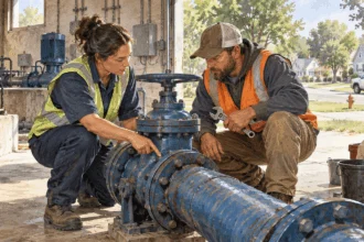 Conceptual watercolor painting of public and private service workers inspect a water-system valve.