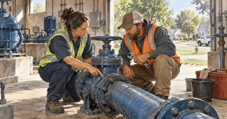 Conceptual watercolor painting of public and private service workers inspect a water-system valve.