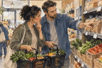 Conceptual painting of two shoppers comparing groceries at a neighborhood market shelf.