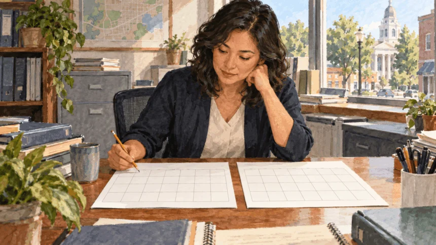 Conceptual painting of a budget analyst comparing two blank calendars.