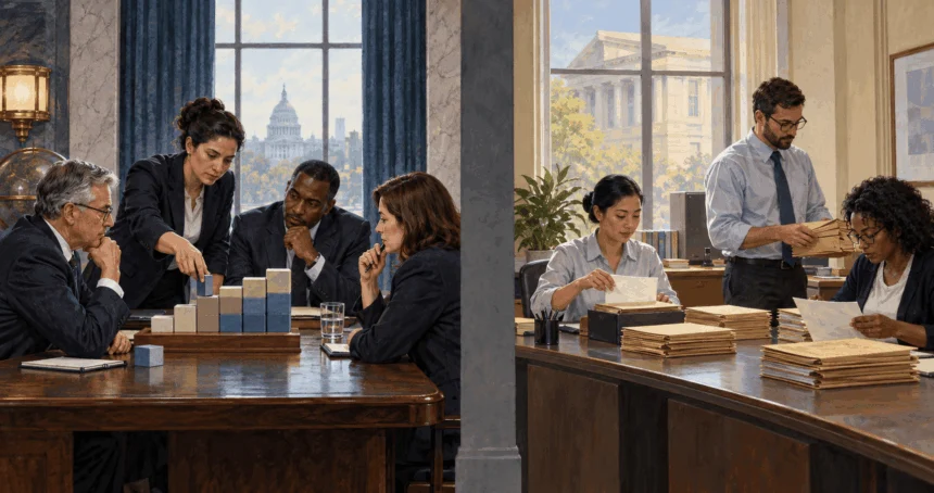 Painted paired scenes of central-bank deliberation and Treasury payment administration.