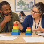 Taxpayer and preparer compare tiered blocks with blank tax papers.