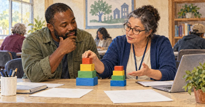Taxpayer and preparer compare tiered blocks with blank tax papers.