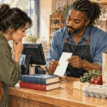 Painted shopper and store clerk examining a receipt at a grocery counter.