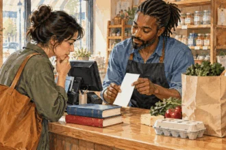 Painted shopper and store clerk examining a receipt at a grocery counter.