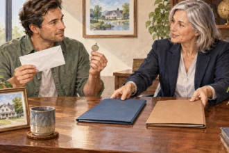 Tax preparer and client comparing wage and asset-sale folders.