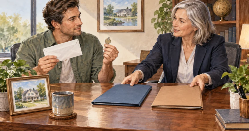 Tax preparer and client comparing wage and asset-sale folders.