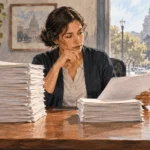 Conceptual painting of a public-budget analyst comparing two stacks of papers at a desk.