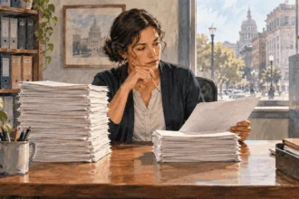 Conceptual painting of a public-budget analyst comparing two stacks of papers at a desk.