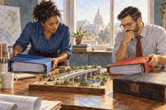 Two budget analysts study a small bridge model beside separate stacks of files.