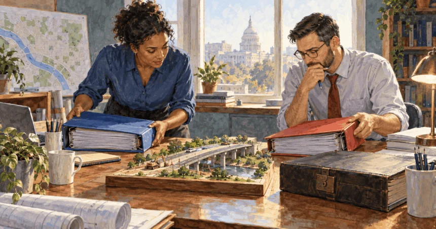 Two budget analysts study a small bridge model beside separate stacks of files.