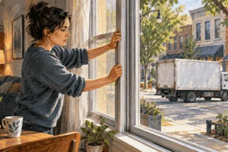 Painted illustration of a resident closing a window as traffic passes outside.