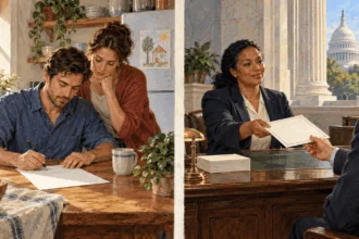 Conceptual painting contrasting a household loan with government borrowing.