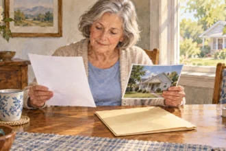 Retired homeowner compares an income record with a home-value folder.