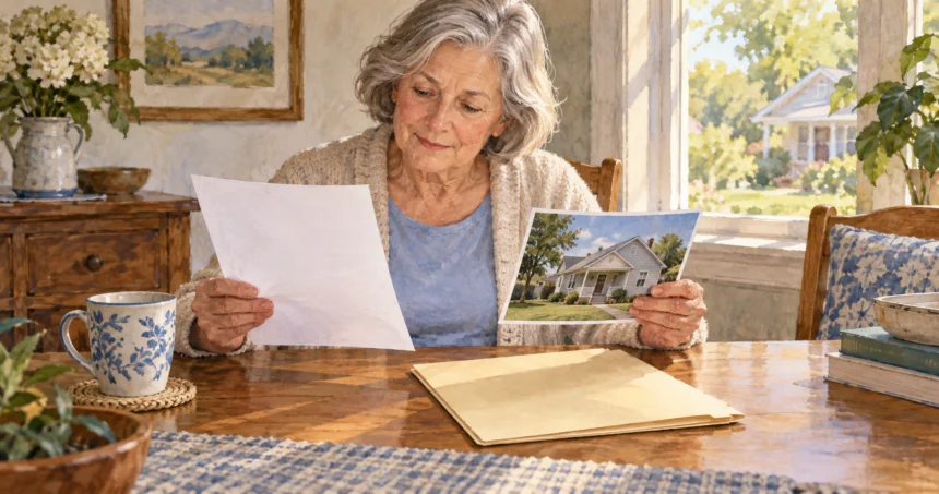 Retired homeowner compares an income record with a home-value folder.