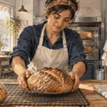 Painted illustration of workers preparing bread in a small bakery.