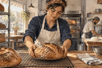 Painted illustration of workers preparing bread in a small bakery.