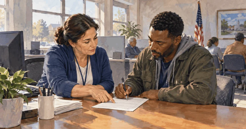 Conceptual painting of local unemployment office caseworker helps a newly unemployed worker complete a blank benefits form.