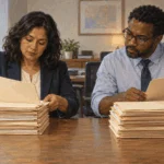 Conceptual painting of two budget analysts sorting blank ledger folders.