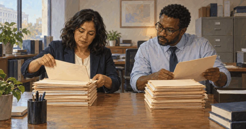 Conceptual painting of two budget analysts sorting blank ledger folders.