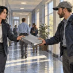 Conceptual painting of a federal analyst handing a rule binder to a field inspector.