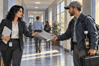 Conceptual painting of a federal analyst handing a rule binder to a field inspector.