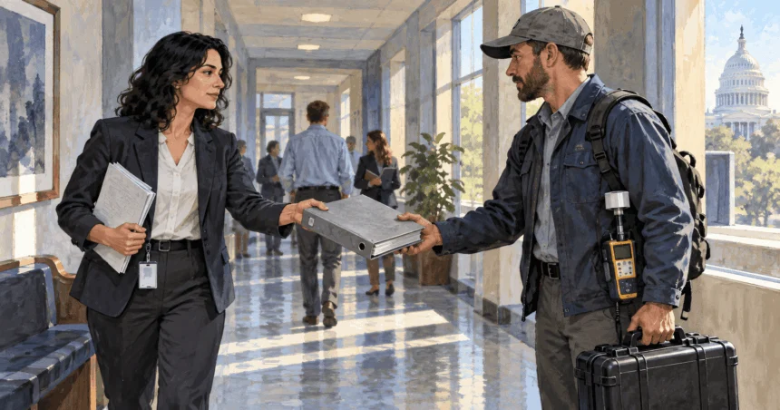 Conceptual painting of a federal analyst handing a rule binder to a field inspector.