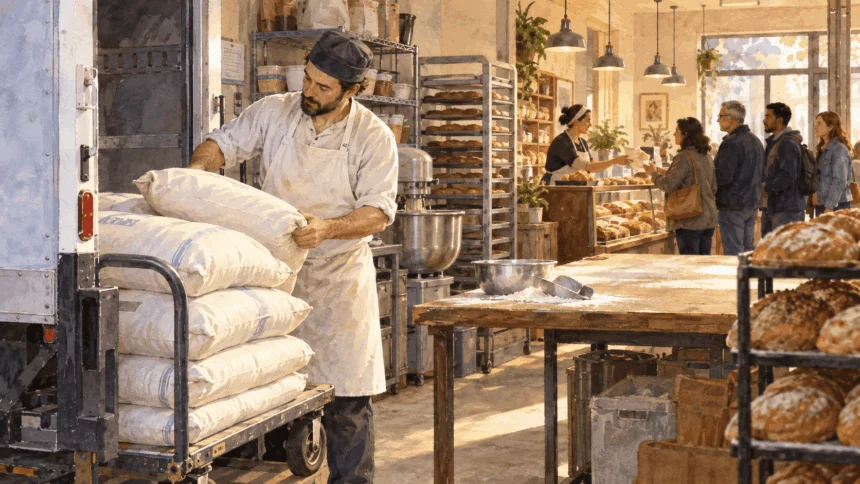 Conceptual painting of a bakery owner checking a flour delivery as customers wait at the counter.