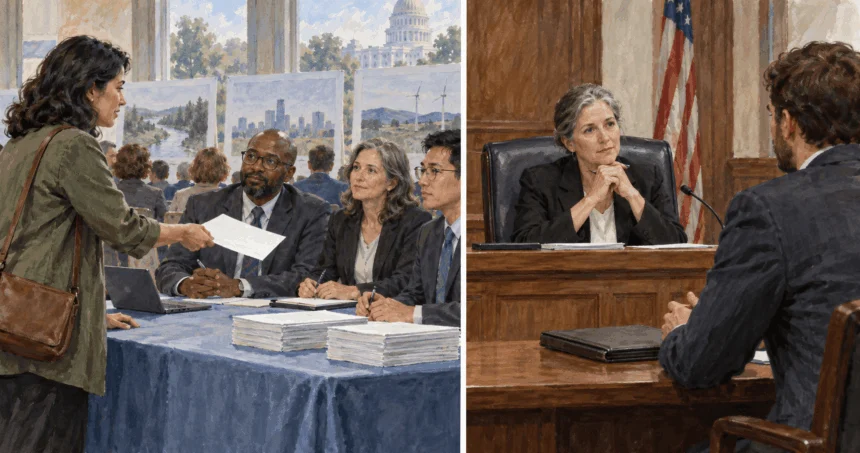 Conceptual two-scene painting of public rulemaking input and an agency hearing.