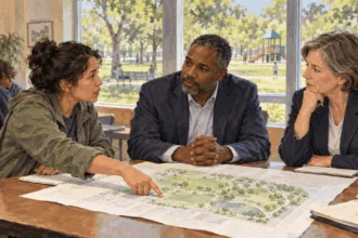 Conceptual painting of a resident questioning officials about an unmarked park plan.