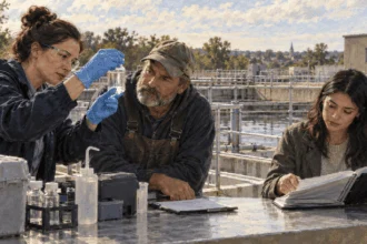 Government specialists and a local operator review water-treatment procedures.
