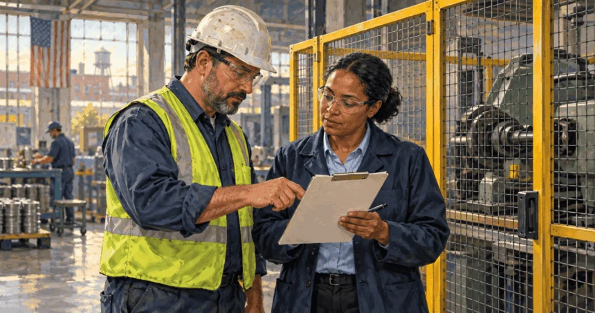 Conceptual painting of factory safety manager and a public inspector calmly compare a blank checklist beside a guarded machine.