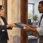 Conceptual painting of a legislative staffer handing a statute binder to an agency specialist.