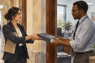 Conceptual painting of a legislative staffer handing a statute binder to an agency specialist.