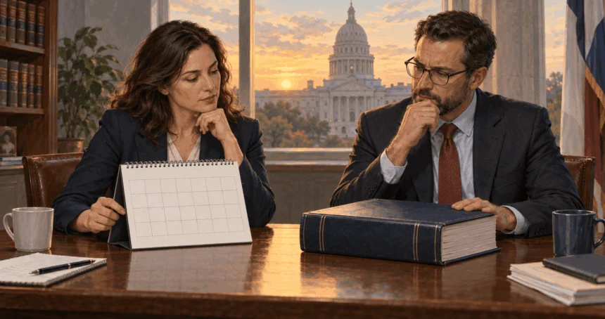 Conceptual painting of analysts comparing a calendar and rulebook.