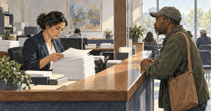 Conceptual painting of an analyst reviewing industry submissions as a public representative waits.
