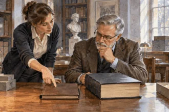 Conceptual watercolor of legal historians comparing two blank bound volumes.