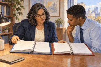 Painted illustration of an ethics adviser comparing two rule binders with a government employee.