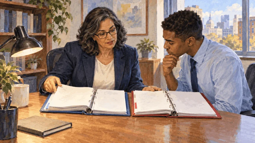 Painted illustration of an ethics adviser comparing two rule binders with a government employee.