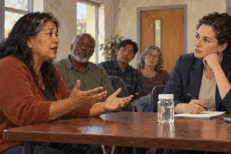 Conceptual painting of a resident speaking and a scientist listening at a public meeting.