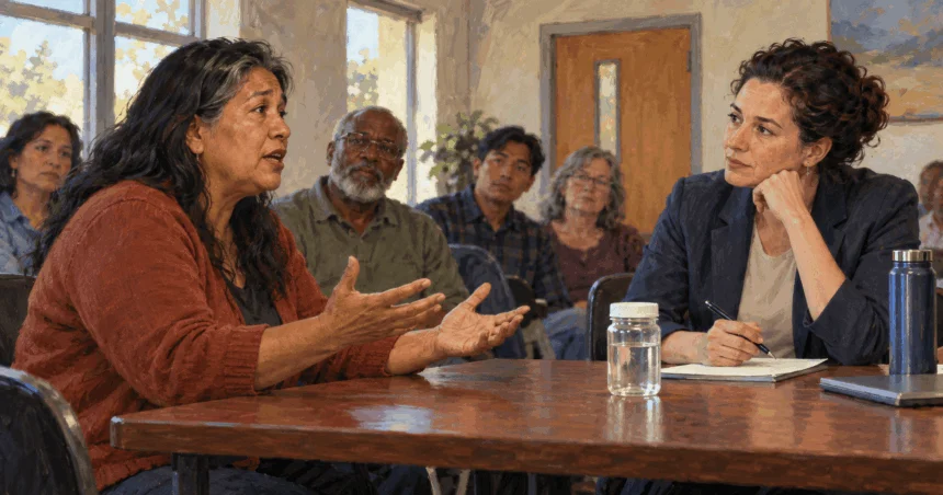 Conceptual painting of a resident speaking and a scientist listening at a public meeting.