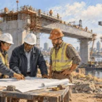 Painted illustration of public and private construction workers reviewing plans at a bridge project.
