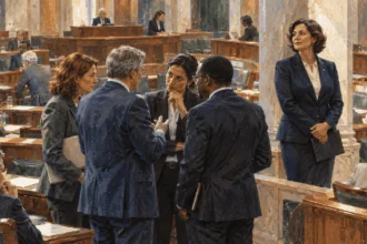 Conceptual painting of lawmakers conferring beside a parliamentary chamber.