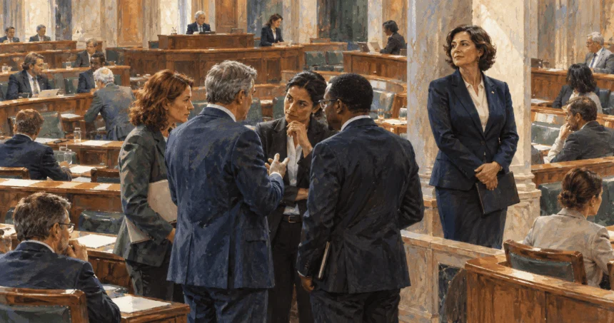 Conceptual painting of lawmakers conferring beside a parliamentary chamber.